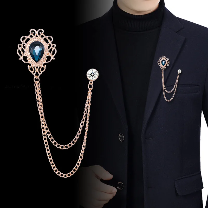 Men Accessories For Suit - Pin Kerah Kristal Berlian Imitasi Rantai