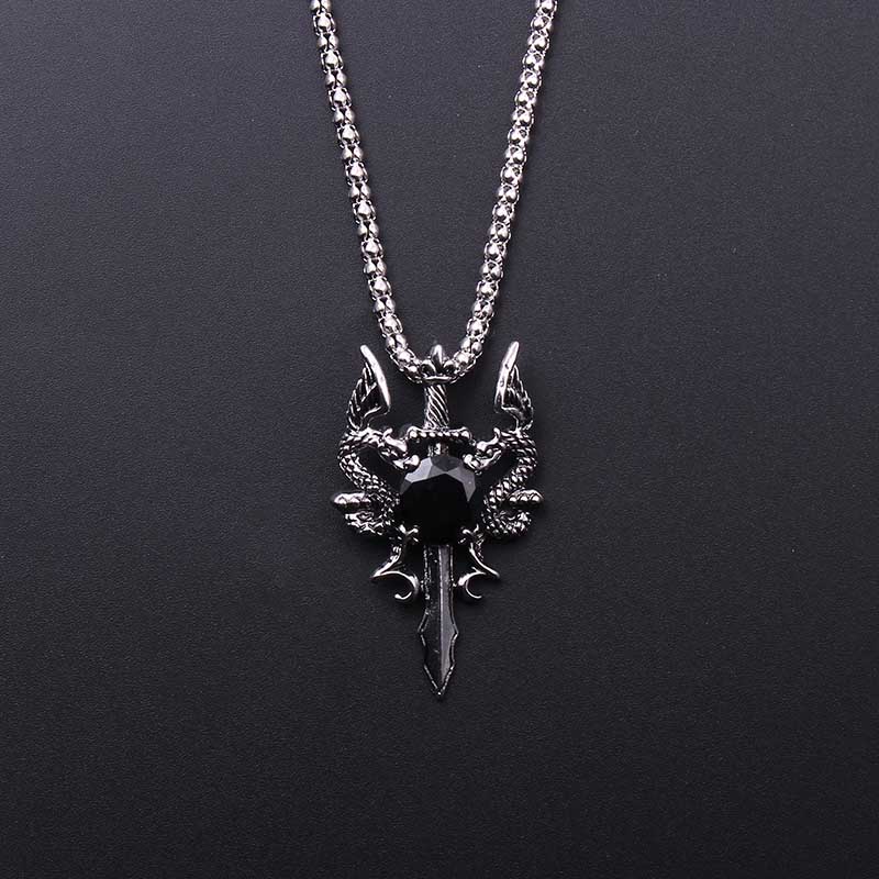 Men Accessories Pendant - Kalung Salib Permata Hitam Naga Ganda